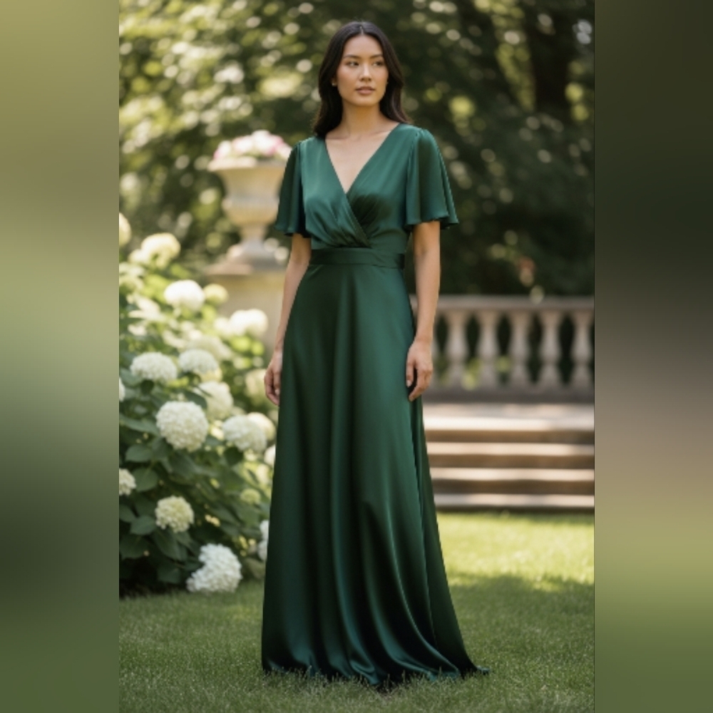 Birdy Grey Forest Green Satin Maxi Bridesmaid Dress V-Neck Flutter Sleeve 3X